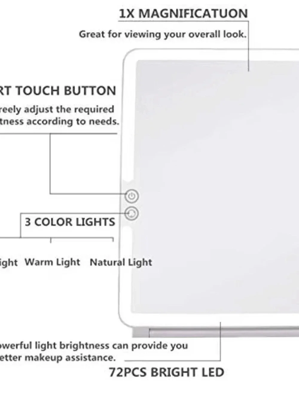 Portable Folding Chargeable LED Makeup Mirror White 3 Color Settings EUC